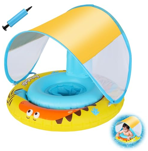 Coikes Bouee baby poolstol med avtagbar parasoll dubbla krockkuddar dinosaurie uppblåsbar boj för barn simring pump och gåva 3–36 månader gul