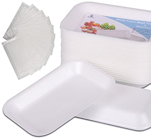 RIKICACA Weiße Polystyrol-Tabletts (25 Stück/Los – 20 x 13 x 2,3 cm) mit saugfähigem weißem Fleisch, Standard-Supermarkt-Tablett
