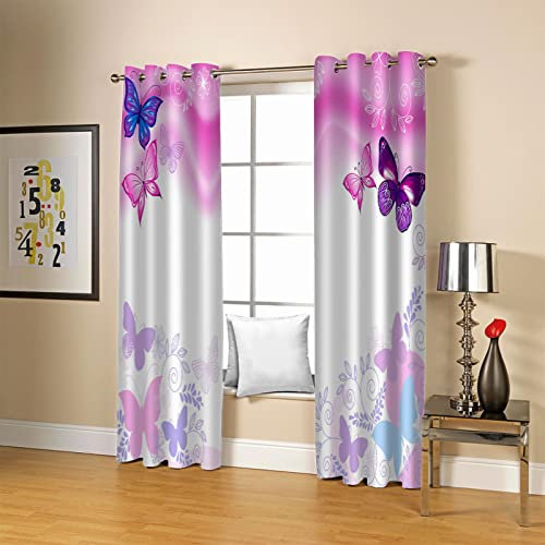 TFLABS Fenster Vorhang Schlaufen-Vorhang 2 Stück x 117 B x 138cm H Rosa Blumen & Schmetterlinge Dekorative Gardine Schlaufenschal Fenster-Schal