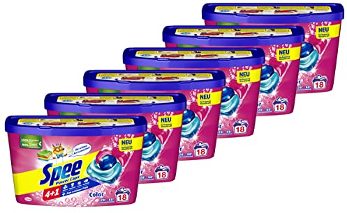 Spee Power Caps Color 4 + 1 108 WL (6 x 18 Waschladungen), Colorwaschmittel für Buntwäsche & Dunkles, vordosiertes Waschmittel vereint Reinheit, Strahlkraft, Frische & Nachhaltigkeit