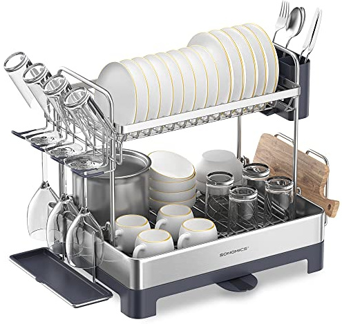 SONGMICS Dish Drying Rack, 2-Tier Stainless Steel Dish Drainer with Extendable Spout, Drainboard, Cup Holder, Fingerprint-Resistant, for Kitchen, 32.5 x 58 x 39.6 cm, Silver and Grey KCS032E01