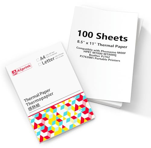 ASprink Thermopapier A4 - Kompatibel mit M08F/M832/M833/M834/M835 Drucker, Einzelblatt A4 Thermopapier,Papier A4 fur Tragbare Drucker (Diskontinuierliches DruckerPapier A4 & 100 Blatt)