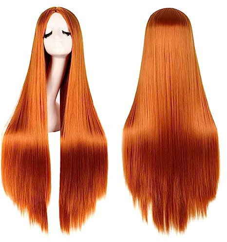 colorful pandaLange Perücken für Damen und Mädchen, lang, glatt, Kunsthaar, Mittelscheitel, für Party, Cosplay, Halloween, Anime (Orange)