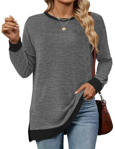Cuptacc - Jersey de mujer con cuello redondo, elegante, de manga larga, con combinación de colores, gris oscuro, M