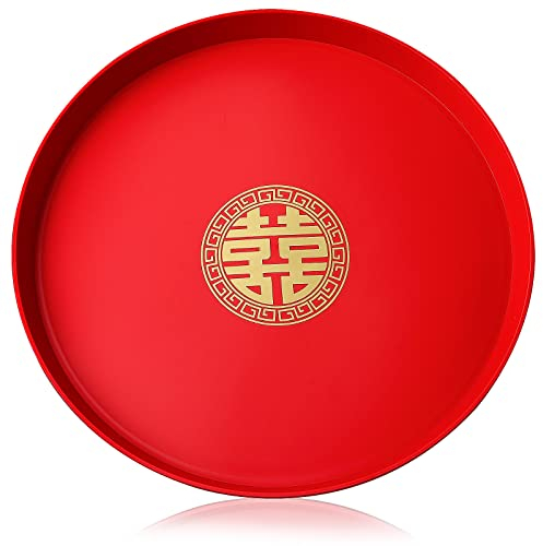 YEKIM Plateau de Service Décorative Plateau à thé Rond Rouge café Snack Plateau de Service Alimentaire Cuisine Restaurant Chinois thé Plateau de Service Abs Kung Fu Plateau Plateau de Service Moderne
