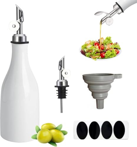 Ceramic Olive Oil Dispenser Bottle, 300ML Oil and Vinegar Bottles for Kitchen with Funnel & Sticker, Vinegar Dispenser Bottle Opaque Oil Cruet Protects Oil To Reduce Oxidation Soy Sauce Dispenser