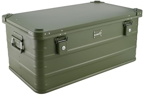 Alubox Alukiste abschließbar E92G OLIVGRÜN - Premium Lagerbox 92 Liter - Materialstärke 1mm - Deckel mit Aluminium Druckguss Stapelecken und Gummidichtung - inklusive Schlösser - lackiert