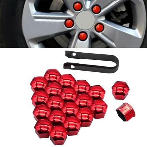 CKLS Mutterkappen Auto Radschraubenkappen für Ford Focus Fiesta Mondeo Fusion, Radbolzen Kappen Abdeckungen Sechskant mit Demontagewerkzeug Reifen Felgen Staubschutz Zubehör,E/Red-21mm