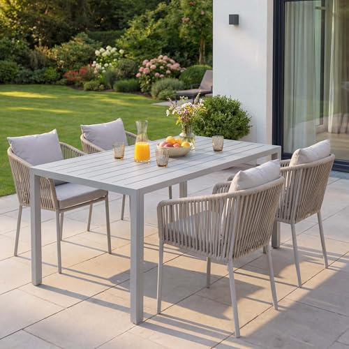 Mendler Gartengarnitur HWC-N41 Tisch+4xStuhl - grau Kissen grau | wetterfest, Seilgeflecht, Rope, Alu, 140x80cm