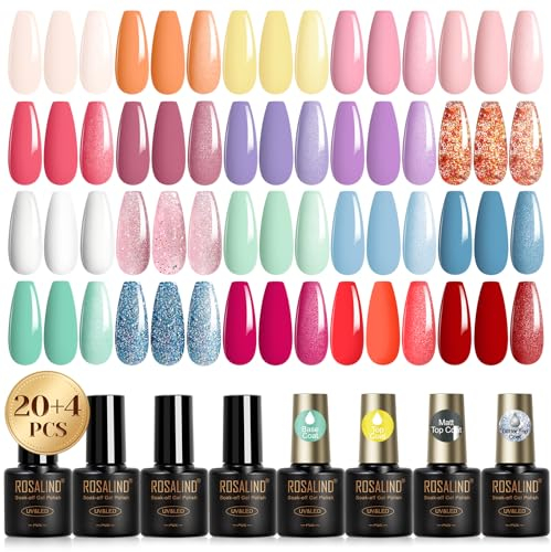 ROSALIND Vernis Semi Permanent Pastel 24PCS,Orange Jaune Rose Violet Vert Bleu Rouge Couleurs Printemps été Vernis Gel Semi Permanent, Mini Soak-off UV/LED Vernis à Ongles Semi-permanent Manucure Kit
