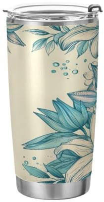 JUMBEAR Bicchiere da 590 ml, bellissimo bicchiere in acciaio inox con gigli bianchi, isolato sottovuoto, per acqua, caffè, tazza termica a doppia parete verniciata a polvere, a prova di perdite, tazza