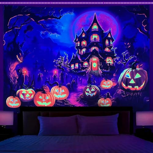 OSVINO Schwarzlicht Schloss Wandteppich 180X230CM Kürbisse Schloss Mond Psychedelischer Tapisserie Halloween Ostern Neon Wandteppich für Schlafzimmer Wohnzimmer Hippie-Zimmer Dekor