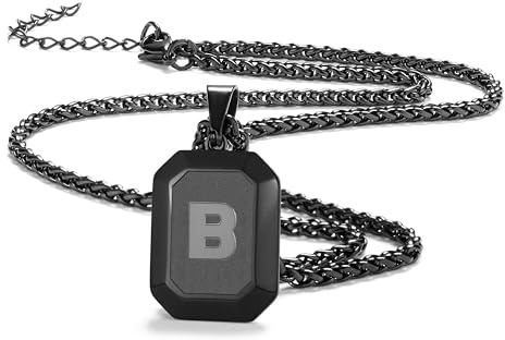Männer Herren Edelstahl Halskette Mit Alphabet Schmuck Geschenke | Silber Schwarz Gold Quadrat Hundemarke Initial Monogramm A-Z Kette für Jungen 20 + 2 Zoll Weizen Kette Unisex