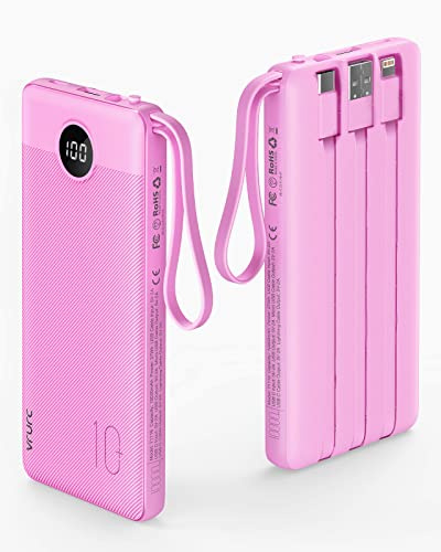 VRURC Power Bank 10000mAh, PowerBank con pantalla LED fina, 5 salidas 2 entradas Batería, cables Micro y USB C integrados para teléfono compatible con iPhone, Android-violeta
