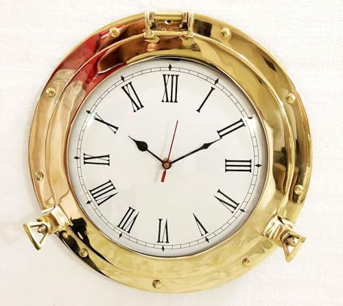 Antique Marine Solid Brass Ship Porthole Analog Clock Nautical Wall Hanging Clock Home Decor (11 Inch)