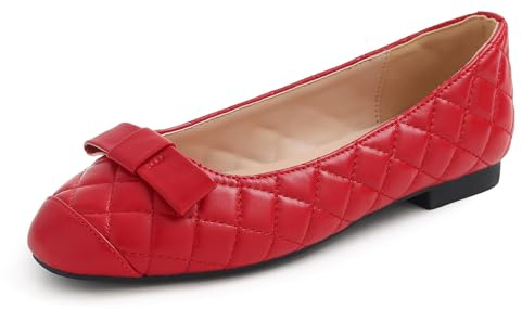 Feversole Women's Square Toe Fashion Flat,Punta Quadrata Easy Buckle Tacco Basso Slip On Flats in Pelle vegana Puntale Trapuntato Rosso 38 EU