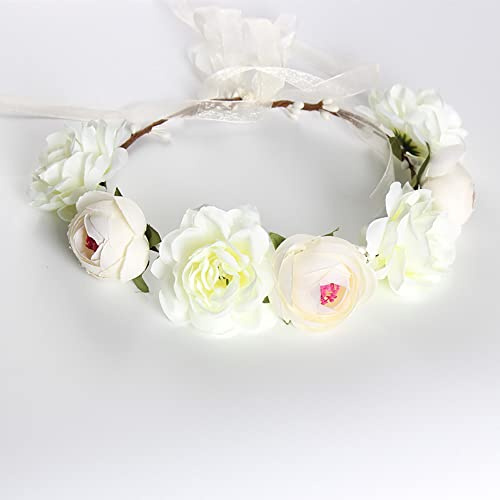 Boho Blumenkrone,Braut Girlande Stirnband,Hochzeit Rose Blume Krone Stirnband,Simulationsblume Kommunion Haarschmuck Haarkranz für Reisefotografie,Festival Hochzeit und Party,55 cm,Weiß