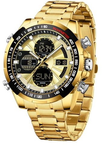 Yuxier Reloj de pulsera analógico digital para hombre, para deportes al aire libre, fecha, multifunción, esfera grande, alarma, cronómetro, impermeable, militar, Dorado., pulsera