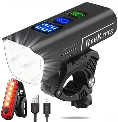 REHKITTZ Front and Rear Bike Light Set, 3300 Lumens, Super Bright, 13 Modes | Dual-Beam Front Light, Battery Percentage Display, Water-Resistant, 5000 mAh Rechargeable Battery, Aluminium Alloy Body