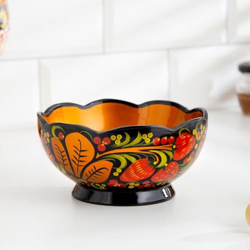 AEVVV Ensaladera de madera pintada a mano de 15,2 cm, Khokhloma de arte popular ruso, plato decorativo para servir lacado tallado, vajilla floral con patrón de bayas