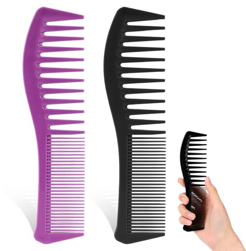 Plastic Comb All-Purpose Hair Grooming Set - 2 Pack Double-Sided Barber Combs, 7.1 inch Plastic for Men & Women - Wide & Fine Tooth for Professional Hairstyling (Purple,Black)