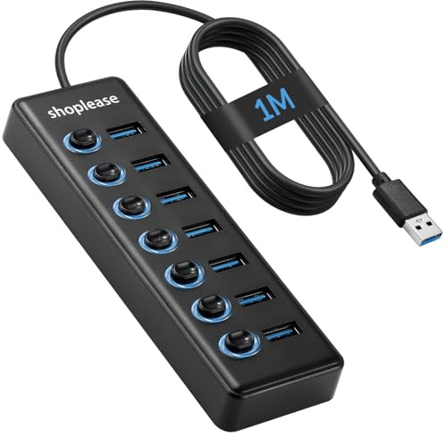 USB 3.0 SuperSpeed Hub with 1M Line, 7 Ports Splitter with Individual Power Switches and LED Light