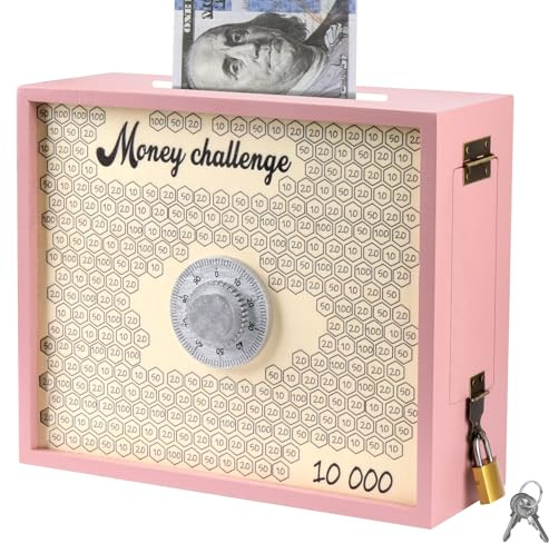 Mczxon 10000 Savings Challenge Box with Lock, Large Wooden 10k Money Saving Box Saver $10,000 Reusable Coin Money Challenge Cash Vault Save Boxes Tracker Piggy Bank for Adults Kids, Pink