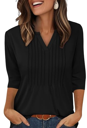 XIEERDUO Ladies Tops 3/4 Sleeve T Shirts for Women V Neck Womens Blouses Pleated Long Sleeve Black Tops Causal Tunic Size 14-16