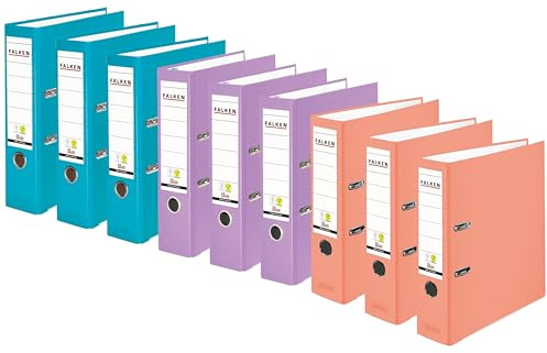 Falken PP-Color Ordner, Made in Germany, 8 cm breit DIN A4 farbig sortiert Pastell Vegan Kunststoffbezug außen, Papierbezug innen, mit austauschbarem Rückenschild (9 Ordner)