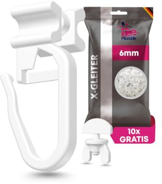 De-Plastik | X-Gleiter 100 STK. + 10  Feststeller | Für Innenlauf 6 mm | Geräuschlos & waschmaschinenfest | Gardinengleiter für Innenlaufschienen & Vorhangschienen | Standardgröße | Gardinenröllchen