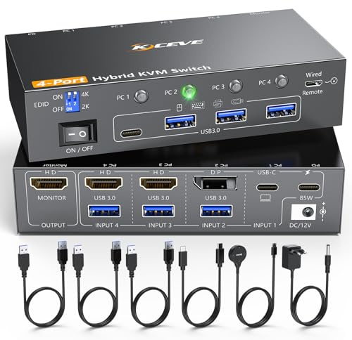 KVM-switch 1 bildskärmar 4 PC, 4K@60 USB C+ Displayport HDMI KVM-omkopplare med 4 USB 3.0-portar, tangentbord och skrivbordsstyrenhet