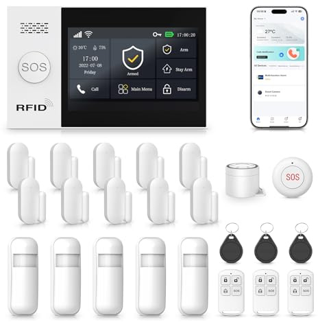 XNH 24-Piece Kit Wireless Home Security System –DIY 4G/WiFi with Touchscreen, App Control, Alexa & Google Assistant, No Monthly Fee, GSM SIM Card Ready, Motion Detector, Door Window Sensor for Home