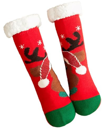 Mulor Fluffig julgran strumpa lång toffel till kalv mysiga strumpor unisex med halkfria klämmor fleecefoder julklappar, 12 röda renar, One Size Bred