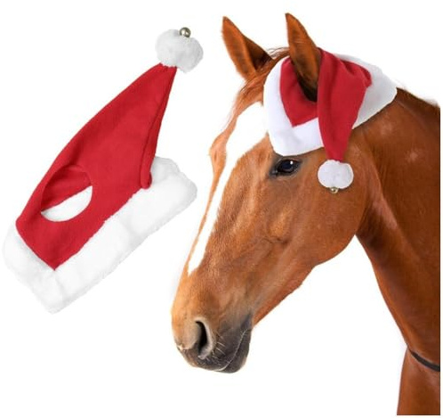 HiyyFloy Weihnachtsmütze Pferdeohren Und Glöckchen, Weihnachtsmütze Einem Ohr Zum Überziehen, Pferdemütze, Haustiermütze, Vieh, Weihnachtsbedarf