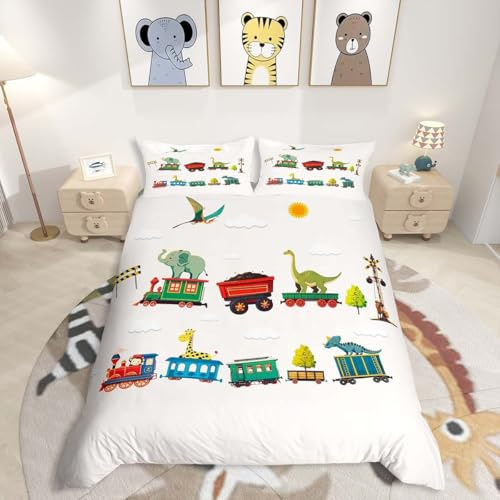 Homemissing Cute Animals Duvet Cover Set Single Size Boys Girls Cartoon Dinosaur Bedding Set Breathable Soft Cartoon Car Duvet Cover 2Pcs Bedroom Decor