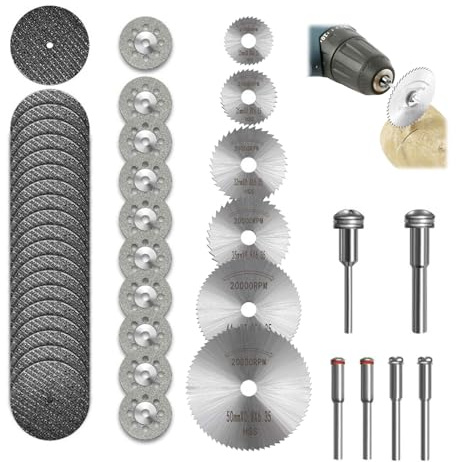 Set de 32 Piezas de Discos de CorteHojas de Sierra Circular HSS, Discos de Corte de Resina y Diamante, Herramientas Rotativas Compatibles con Madera, Piedra, Metal y Plástico, Cuchillas de Corte