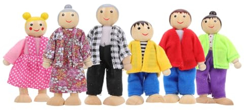 Milisten Famille de Poupées en Bois Naturel, Figurines Articulées, 6 Pièces, Décoration Miniature pour Maison, Jouet Éducatif pour Garçon et Filles, Salon et Bureau