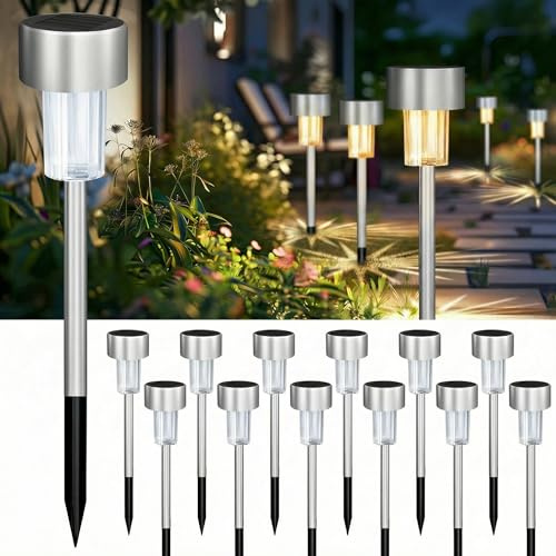 Jsdoin 12 Stück Solarlampen für Außen, Edelstahl Solarleuchten Garten Wasserdicht, LED Gartenstecker Kaltweiß, Automatische Solarleuchten für Außen als Wegbeleuchtung für Terrasse