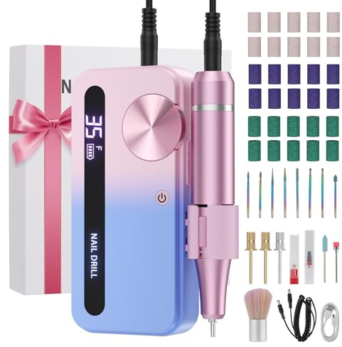 Maniküre/Pediküreset, Elektrischer Nagelfräser Professionell, 35.000 U/min, Tragbare Nagelfeile für Acryl Gel Nägel, 13 Aufsätze zur Nagelpflege mit LED Licht, für Maniküre & Pediküre