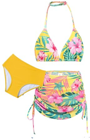 Arshiner Niñas Conjunto de Bikini 3 Piezas Niños Cuello Halter Tankini de Tres Piezas con Falda Verano Impresión Traje de Baño Bikinis para Niñas 7-8 Años