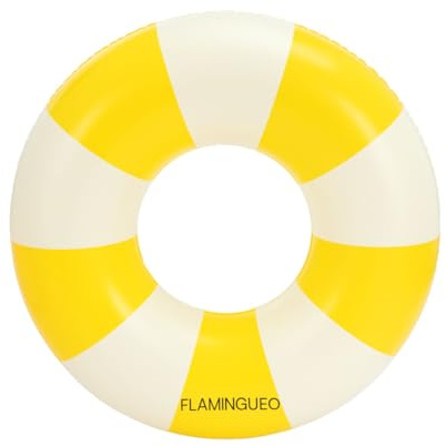 Flamingueo Uppblåsbar badring för strand och pool, munkform, tvåfärgad design, slitstark, PVC, dubbelventil, 90 x 90 cm, gul