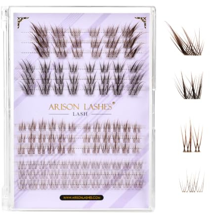 ARISON LASHES bruna kluster ögonfransar, 4 stilar mörkbruna och ljusbruna ögonfransgrupper, Wispy Natural Cat Eye Individuella falska ögonfransar för gör-det-själv hemmakeup, mjuk manga festlook