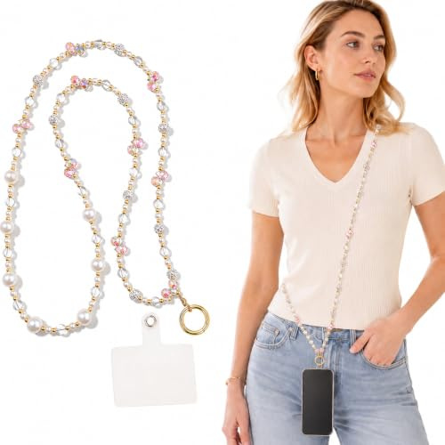 PEOVLVN Crossbody Phone Strap, Crystal Beaded Phone Lanyard for Women | Cute Phone Chain Crossbody with Tether Tab Cell Phone Necklace Holder for Phone Case Keys Wallet ID Badge Accessories