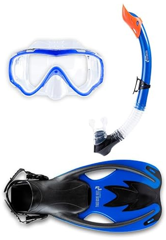 Two Bare Feet Junior Anti-Fog, Wide View Silicone Mask, Snorkel & Fins 3PC Kids Diving Set (Blue, S/M C9-C13)