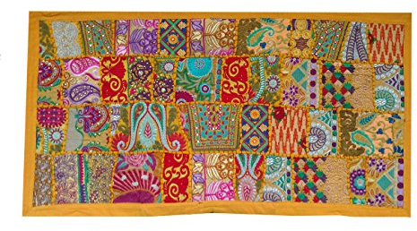 Rastogi Handicrafts Indian Handmade Embroidered Patchwork Old Hanging Wall Art Vintage Tapestry Old Sari Cutting Wall Hanging Parda (YELLOW, 20 X 40 INCH)