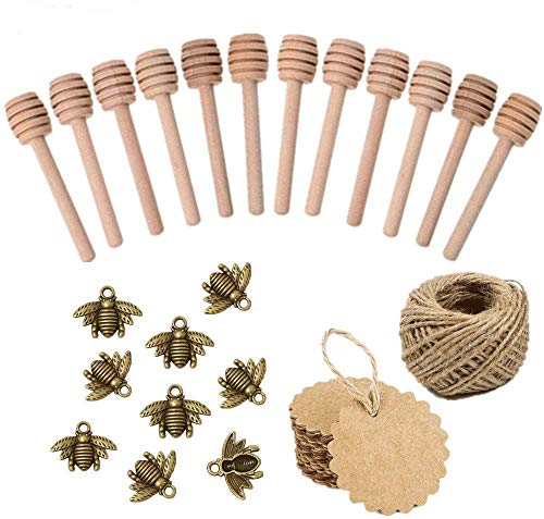 Super Idee 50stk. Vintage Bronze Biene mit Ösen+50stk. Holz Honiglöffel+50stk. Kraftpapier Etiketten+20m Bastelschnur für Honiggläser Gläser Deko DIY als Gastgeschenk bei Hochzeit Taufe Dankeschön