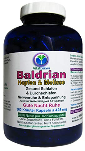 BALDRIAN + HOPFEN + MELISSE 360 Kapseln GUTE NACHT - Nerven beruhigen + Entspannung & gesunder Schlaf. 100% NATUR pur [ohne ZUSATZSTOFFE] 26660-360
