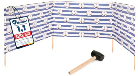 Garronda Paravento da Spiaggia, Protezione dal Vento, Protezione Privacy, Spiaggia, Giardino, paravento + Martello di Gomma GAEX001 (Strisce/Ancore-2, 4 m)