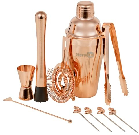 Homiu Cocktail Shaker Set Rose Gold | 10-Piece Stainless Steel Bartender Kit | Cocktail Shaker Recipes Booklet Double Jigger, Ice Tongs, Stirrer, Cocktail Sticks | Drink Mixing, Home, Bar, Party