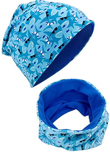 HECKBO Beanie Wintermütze & Schal Set - Hai Shark - 2-8 Jahre - 95% Baumwolle mit Fleece - Mütze & Kinderschal (48–54 cm)